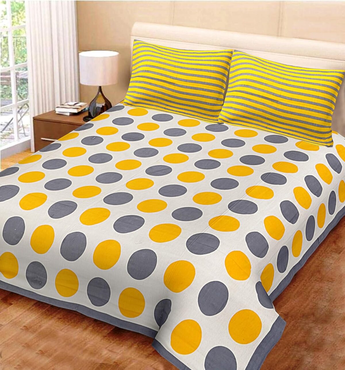 ColorKart 100% Cotton Traditional Jaipuri Printed Floral Bedsheet for Double Bed King Size with 2 Pillow Covers -Yellow0005