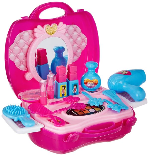 Amazon Brand - Jam & Honey Makeup Set for Girls | Lightweight Portable Plastic Suitcase Kit | Ideal for 3+ Years Kids | Non-Toxic | Kid-Friendly | Pink & Blue