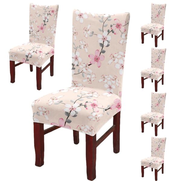 BRIDA® Polyester Spandex Stretchable Floral Geometric Printed Dining Chair Covers Elastic Chair Seat Case Protector, Slipcovers (6 Chair Cover, Peach Flowers)