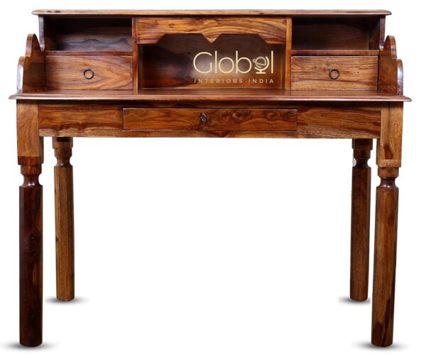 Globel Interiors India Sheesham Wood Rustic Teak Hand Carved Vintage Style Solid Writing Console Table Desk with 3 Drawers Storage (Brown Finish)