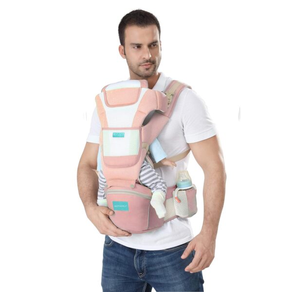 Motherly Adjustable Hands Free 6-in-1 Baby Carrier with Detachable Hip Seat, Ergonomic Design Toddler Carrier with Comfortable Head Support & Buckle Strap for Hiking & Everyday Use (Pink)