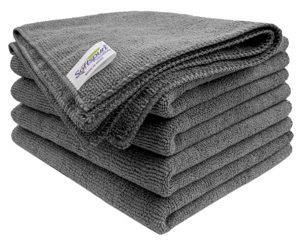 SOFTSPUN Microfiber Cloth - 5 pcs - 40x60 cms - 340 GSM Grey - Thick Lint & Streak-Free Multipurpose Cloths - Automotive Microfibre Towels for Car Bike Cleaning Polishing Washing & Detailing