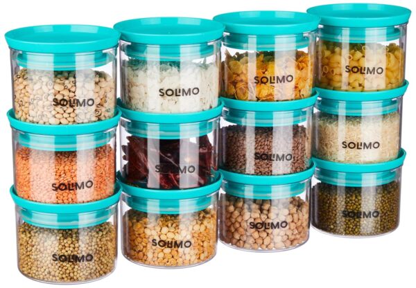 Amazon Brand - Solimo Plastic Storage Jar and Container Set I Air Tight & BPA Free Containers for Kitchen Storage Set I Grocery Kitchen Container Set I Multipurpose Jar, 500 Ml Each, Set 12, Blue