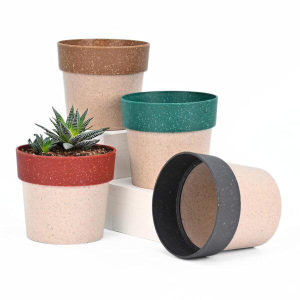 Eha Earth Friendly Ecopod Small Pots for Plant | 4 Inch, Pack of 4 | Table Top Planters | Bamboo Based and UV Protected | Pots for Indoor Plants for Home Decor, Outdoor, Balcony & Garden | Multi-Dark