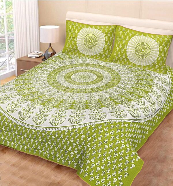 ColorKart 100% Cotton Traditional Jaipuri Printed Floral Bedsheet for Double Bed King Size with 2 Pillow Covers - Green00011