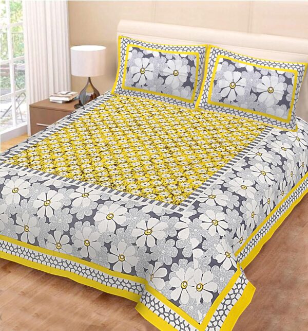 ColorKart 100% Cotton Traditional Jaipuri Printed Floral Bedsheet for Double Bed King Size with 2 Pillow Covers - Yellow0007