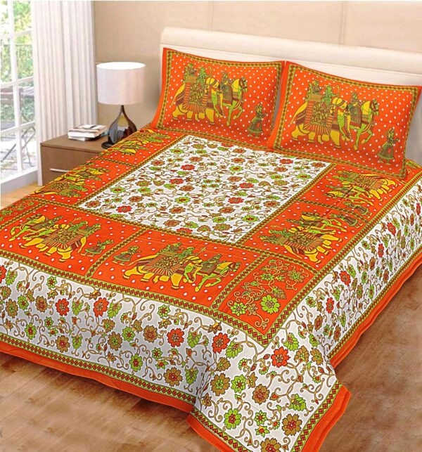 ColorKart 100% Cotton Traditional Jaipuri Printed Floral Bedsheet for Double Bed King Size with 2 Pillow Covers - Orange0001