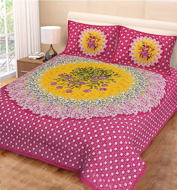 ColorKart 100% Cotton Traditional Jaipuri Printed Floral Bedsheet for Double Bed King Size with 2 Pillow Covers - Pink0001