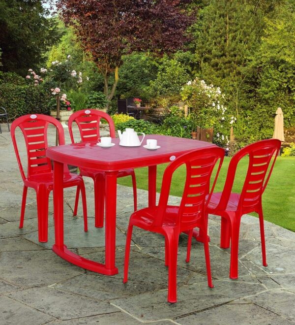 Petals Sultan Rectangular Plastic Dining Table 4 Seater | Fiber Dinning Room Set for Garden & Outdoor | 1 Dining Table with 4 Chairs | (Red)