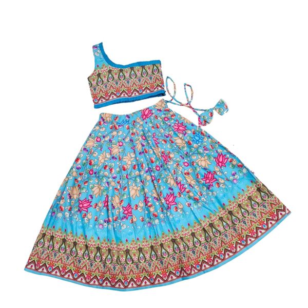 Arvi Enterprise Girls Rayon Silk Floral Print Fully Stitched Lehenga Choli With Duppata Set for Girls 2 To 8 Years - Readymade Ethnic Chaniya Choli - Traditional Navratri Dress (Blue, 4-5 Years)