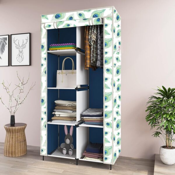 GTC® Printed Collapsible Wardrobe Clothes Almira, 1 Hanging Space, 6 Shelves, 1 Side Pocket (Non-Woven Fabric 100GSM, Metal Rod, 76x38x145cm) (2001-3 Peacock Blue)