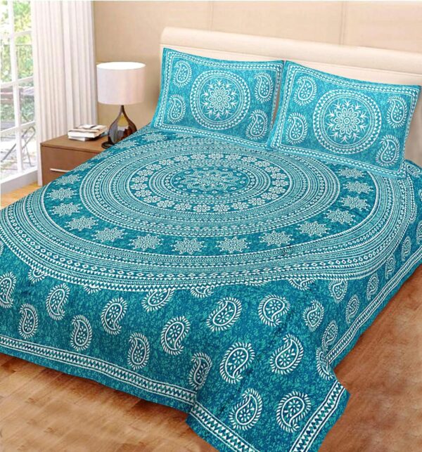 ColorKart 100% Cotton Traditional Jaipuri Printed Floral Bedsheet for Double Bed King Size with 2 Pillow Covers - BBlue001