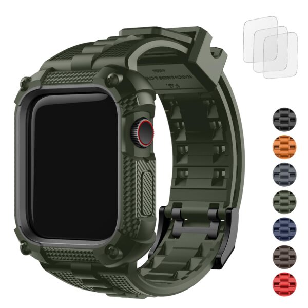 Fullmosa Apple Watch 44mm Rugged Silicone Band/Straps with Screen Protector and Bumper Case for Men, Compatible with Apple Watch Series 8 | 7 (45mm/41mm) | SE2 | 6 | SE | 5 | 4 (44mm/40mm) - Army Green [Watch NOT Included]