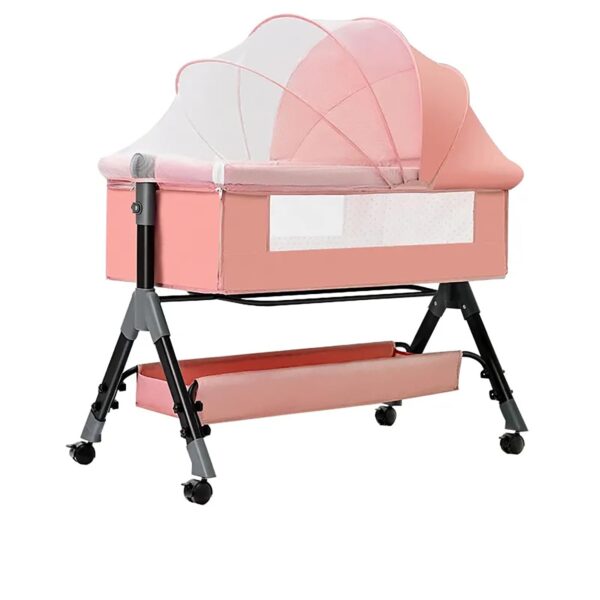 House of Quirk Iron Baby Bassinet Bedside Sleeper Cradle Bedside Crib 3 In 1 Baby Bed Portable Bassinet For Newborn Infant Baby With Storage Basket Lockable Wheels Adjustable (Pink)