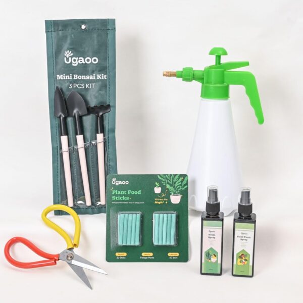 UGAOO Indoor Gardening Tool Kit | 8 Pcs | Mini Cultivator, Transplanter, Trowel, Scissors, Spray Pump, Fertilizer Sticks, Plant Tonic Spray, Neem Spray | Gardening Tools Set for Home Garden