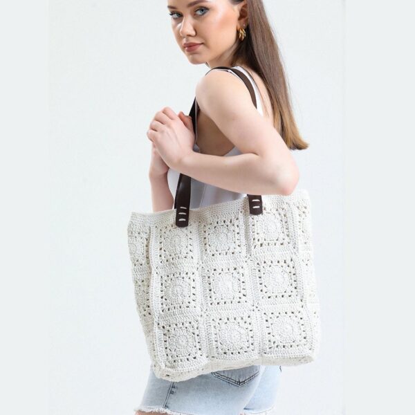 ZORA CRAFT | Granny Square Tote Bag, Ivory Cotton Bag, Handmade Knitted Large Bag, Boho Crochet Bag, Vintage Style Woman Bag, Gift for Her, Afgan Bag, Pure White Cotton crochet Bag