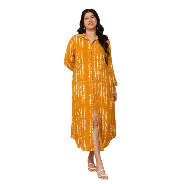 DEEBACO Tie & Dye Rayon Plus Size Shirt Dress for Women's|Collared Neck 3/4 Straight Sleeves|Regular Fit Ankle Length Summer Western Party Casual Wear Dress for Ladies