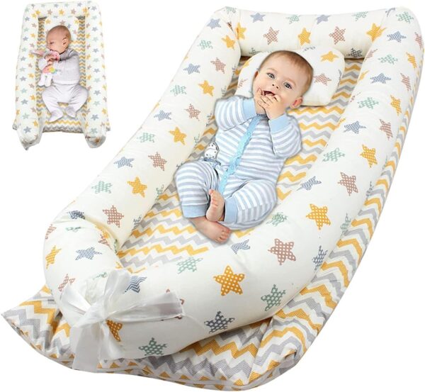 BABIES BLOOM Newborn Baby Bedding Set, Baby Beddings for Newborn, Baby Lounger for Napping and Travel, Baby Crib (Printed Yellow) (90x55 cm) (0-36 Months)