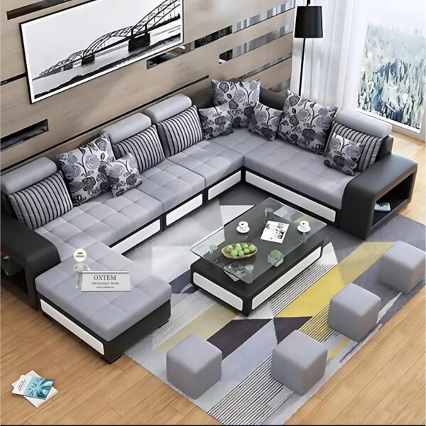 OXTEM ; The Furniture World U Shape 9 Seater Fabric Sofa Set With Tea Table&4 Puffy 2 + 2 + 2 + 1 + 1 + 1(Gray),Pre-Assembled(Oxtem006),Grey