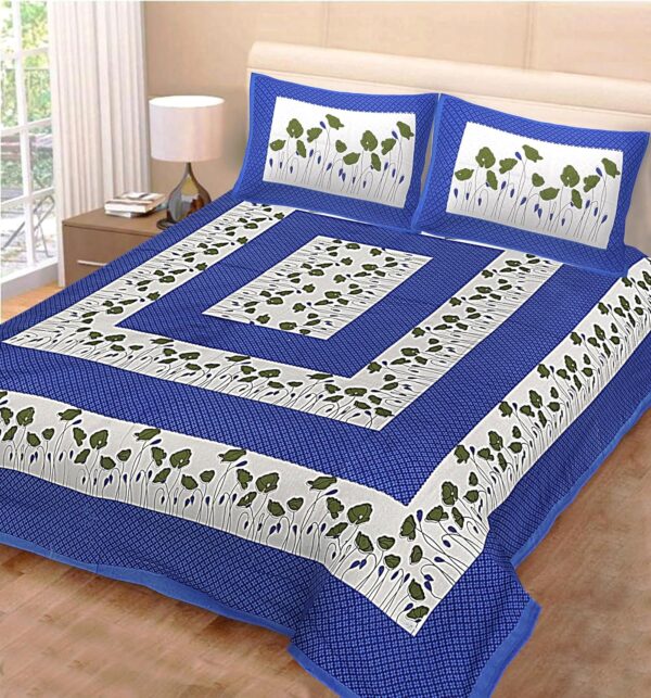 ColorKart 100% Cotton Traditional Jaipuri Printed Floral Bedsheet for Double Bed King Size with 2 Pillow Covers - Blue0004