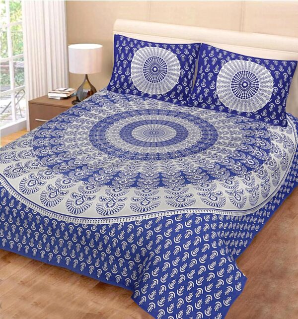 ColorKart 100% Cotton Traditional Jaipuri Printed Floral Bedsheet for Double Bed King Size with 2 Pillow Covers - Blue0005